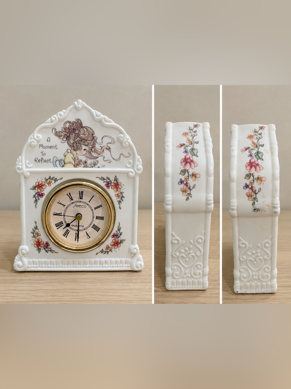 MEC White Floral Ceramic Mantel Clock with Gold-Tone Bezel